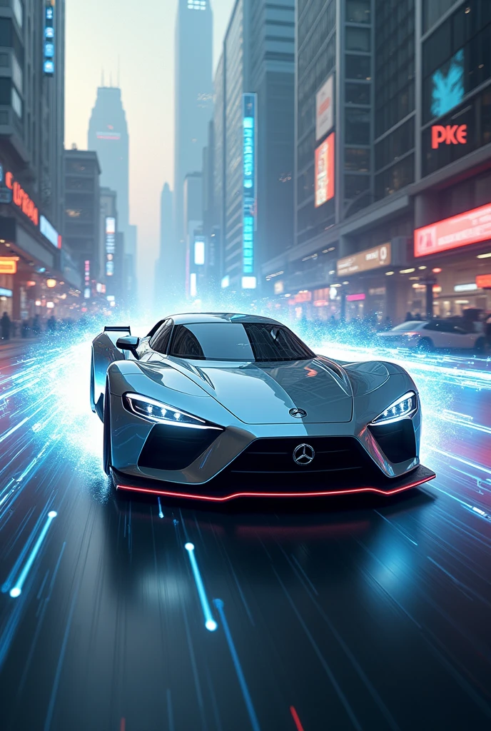 Back to future Mercedes car. Flying car. Future design. With drone concept. Super fast car. Lighting speed effect