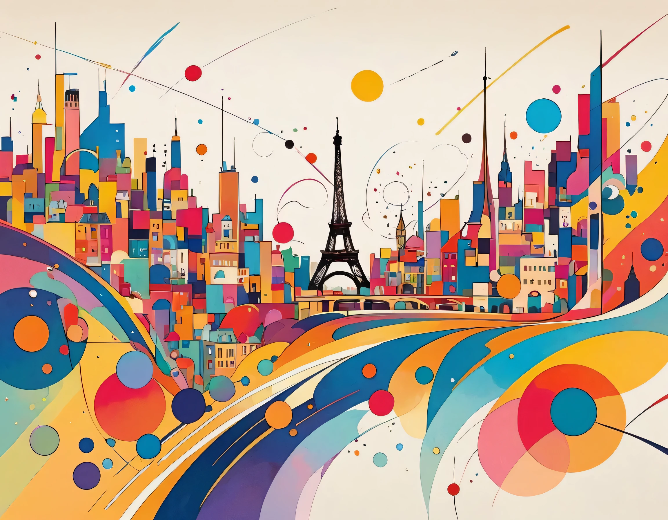 Vasily Kandinsky colorful style, Simple Line Initialism，Abstract art，(((Paris cityscape))), (((No people)))