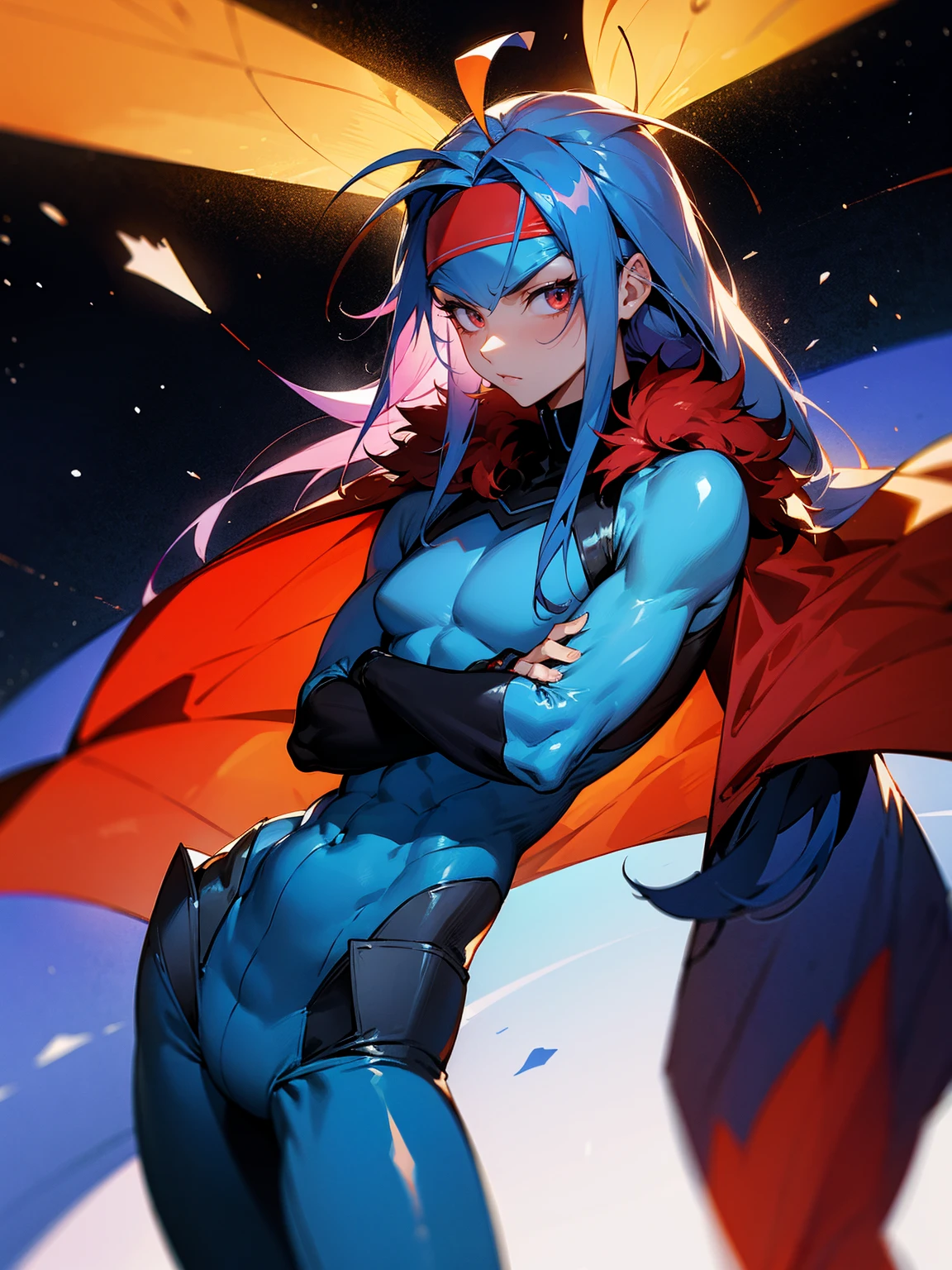 1male, red skin, antennae, long blue hair, headband, super suit, tied to waist, oversized fur coat, serious, muscular, space ship, arms folded, facing viewer
