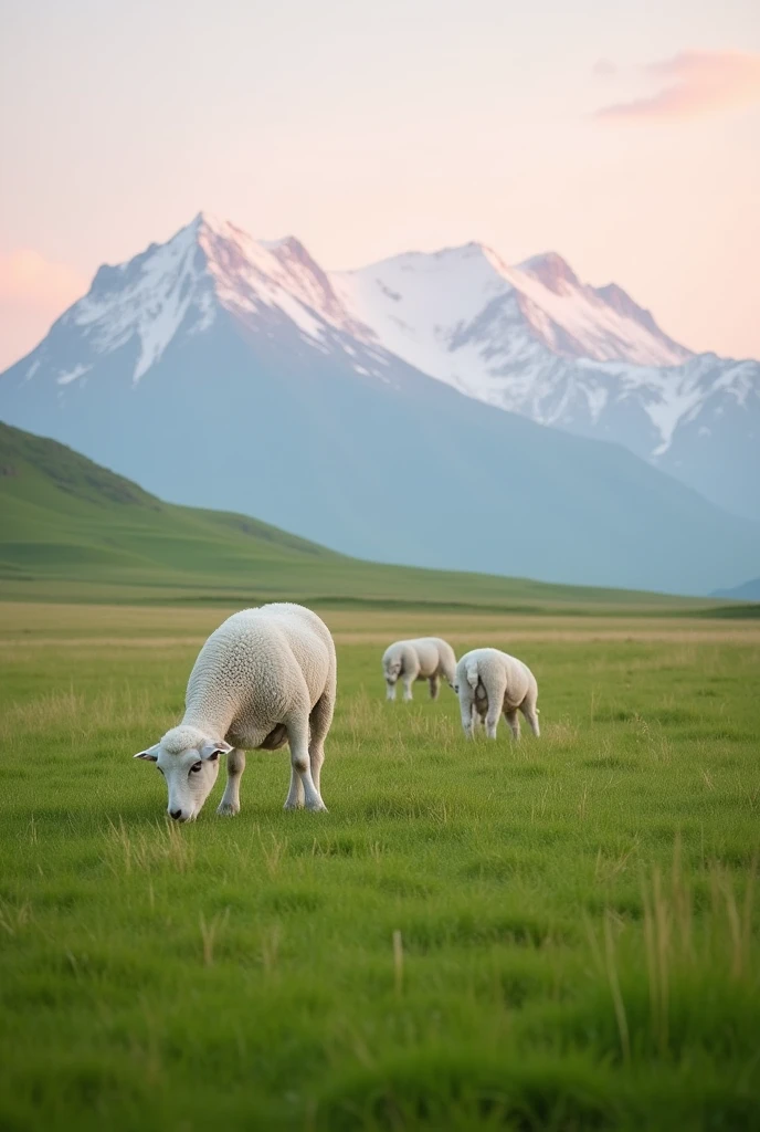 On the vast green grassland, the grassland is flat and open, a few fat lambs are grazing, the lambs are very white, the pale pink sky on the hillside in the distance, the unmelted snow-capped mountains, summer, landscape photography, ultra-high definition, ultra-high resolution, natural light, 32k