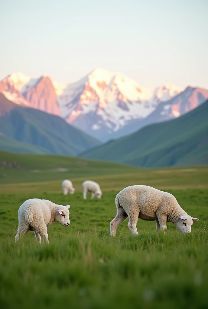 On the vast green grassland, the grassland is flat and open, a few fat lambs are grazing, the lambs are very white, the pale pink sky on the hillside in the distance, the unmelted snow-capped mountains, summer, landscape photography, ultra-high definition, ultra-high resolution, natural light, 32k
