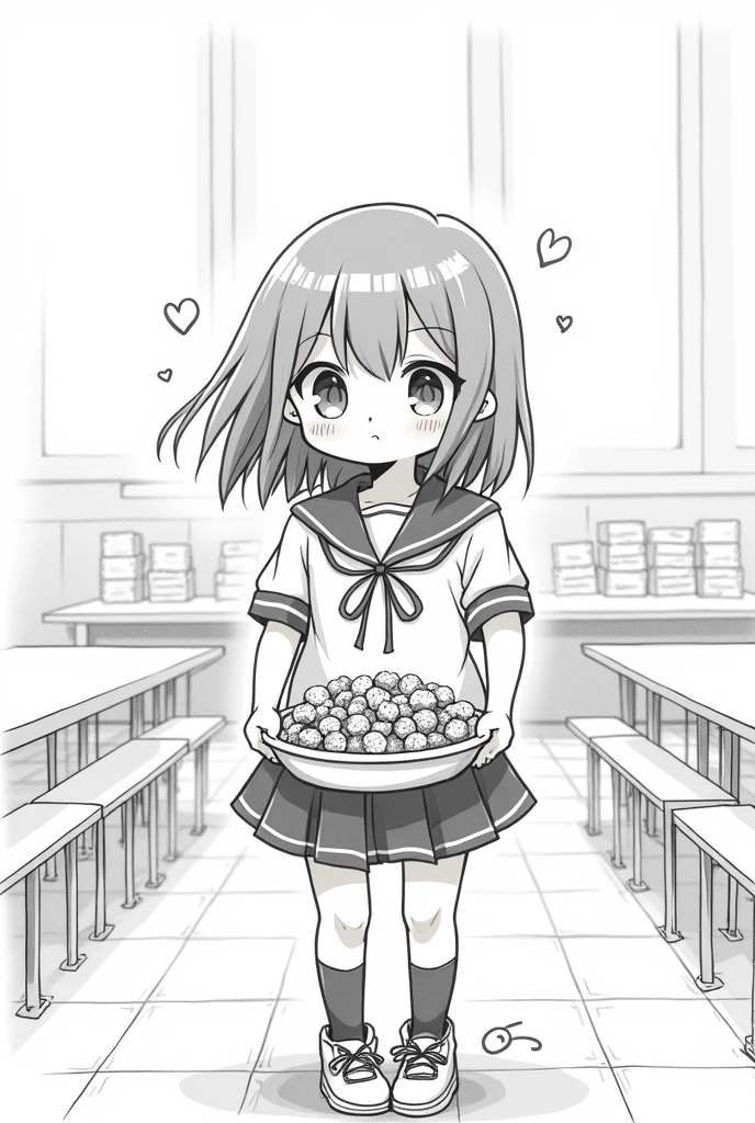 Drawing black and white manga. A girl is bullied in a school cafeteria. Her friends throw water on her food.