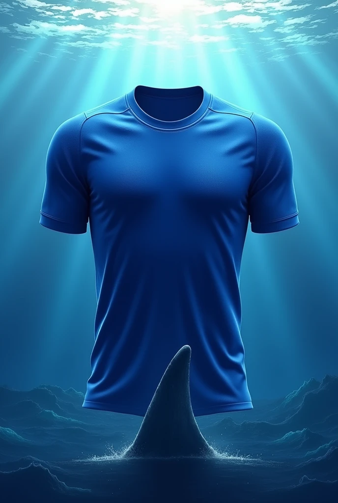 I want to create a royal blue soccer shirt with light blue shading , with an ocean below and a shark fin at the bottom with