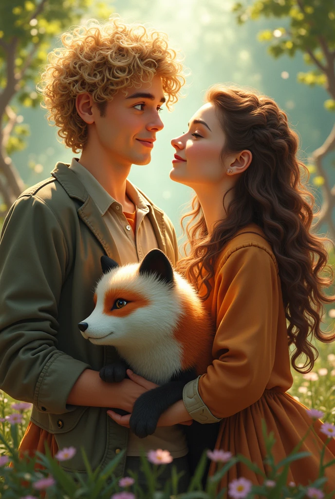 Curly blond man and Fox and panda , brunette woman with long hair and Panda

