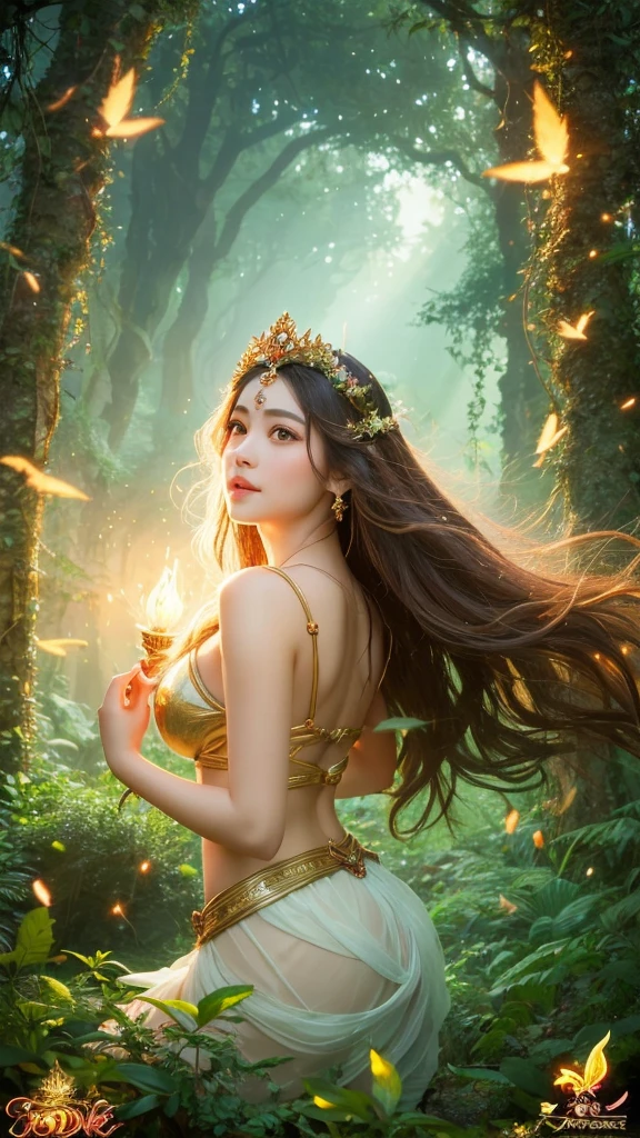 The gorgeous goddess of love is facing forward.、The air around her seems to rise up.。Her hair flutters in the wind、The light shines on her skin。A mysterious forest spreads in the background.、It is filled with divine energy.。This fantastical goddess figure、It will bring us love and magic.。
