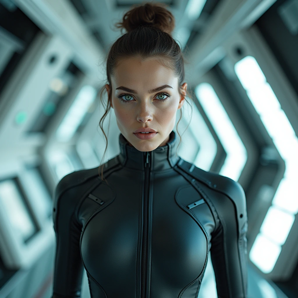 1girl, bun, tight skinny space costume, sexy body, in a futuristic space station, high-tech, futuristic technology, paolo roversi style, tim walker style, realistic, high quality, professional photography, photo by bella kotak, medium close up shot , (Deep Cleavage:1.5), (Large Breasts:1.4), high detail, cinematic lighting, depth of field,