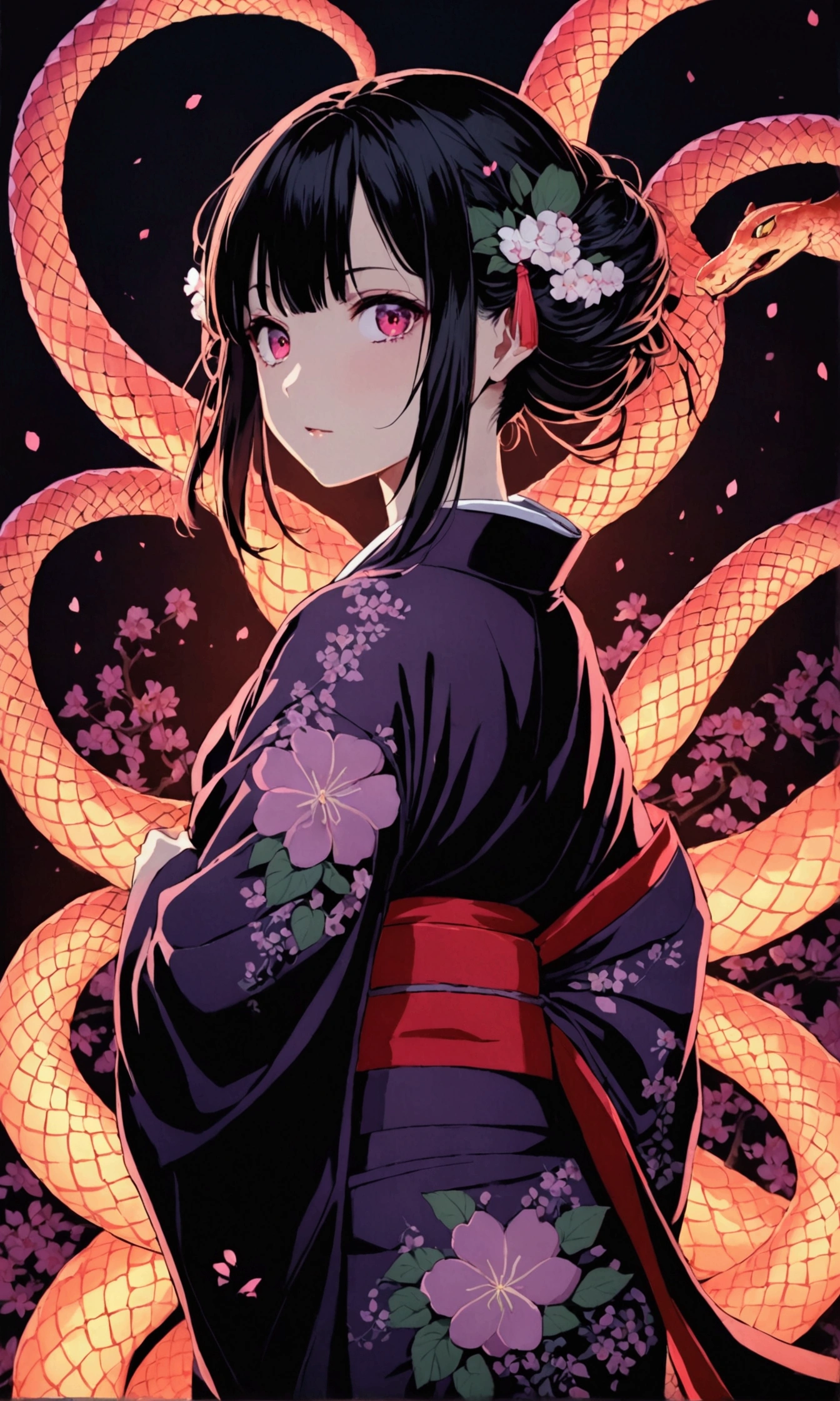 **Most beautiful anime style, super top quality, super detailed anime illustration, super masterpiece, 4K, Beautiful Japanese anime illustrations ,A beautiful girl who personifies the eight-forked serpent, focus on her eyes, long, black-purple, and with hair that sways as supple as a serpent's. Her eyes shine with eight different colors. Her back and neck are painted with small serpentine patterns, giving the illusion of eight writhing heads. Her costume is an old-fashioned Japanese kimono, black and red, and she wears a luxuriously embroidered furisode kimono. She exudes a dark aura. Black light effects. Streaks of black light. An intensely glowing illustration.Masterpiece, top quality, 8k, super detailed,anime portrait --ar 3:4