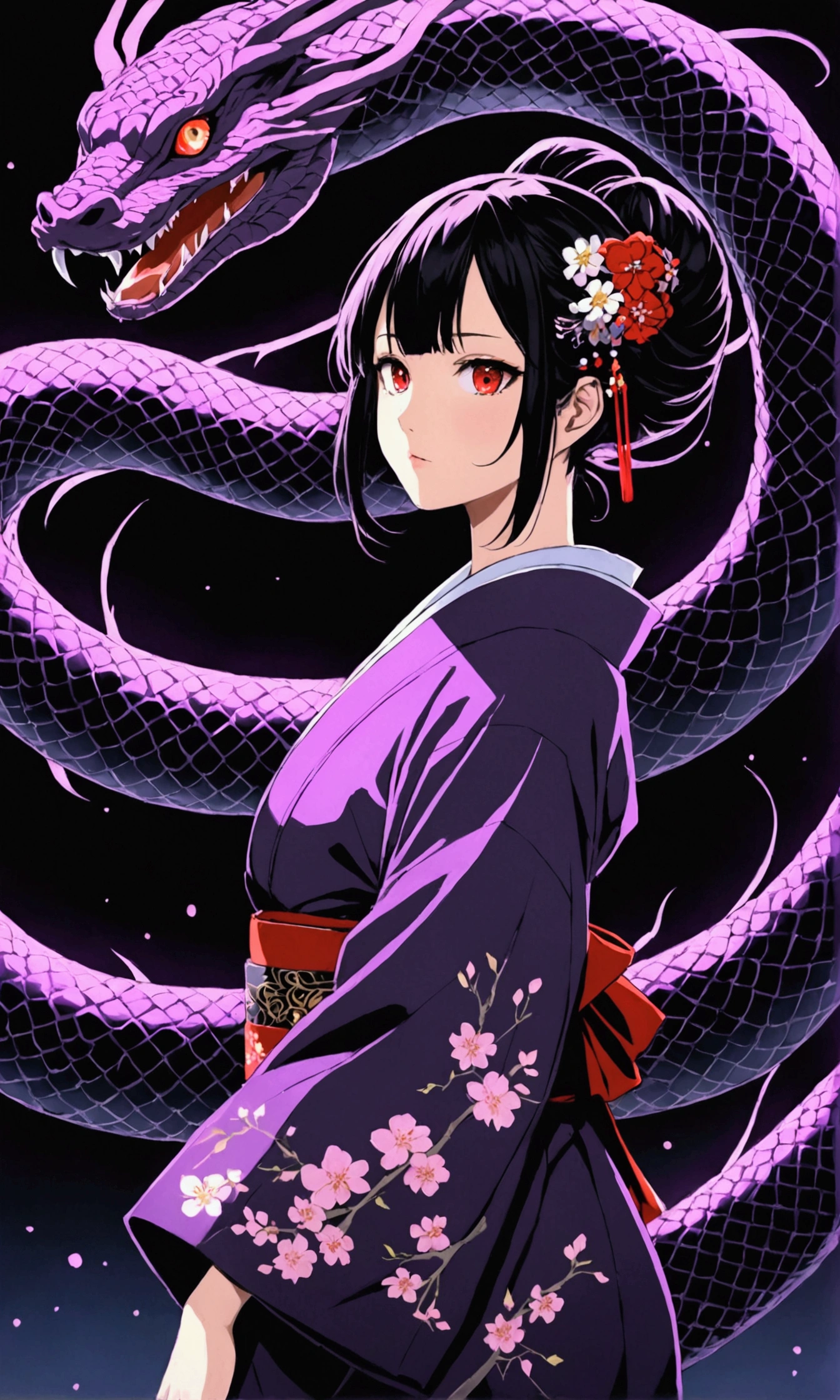 **Most beautiful anime style, super top quality, super detailed anime illustration, super masterpiece, 4K, Beautiful Japanese anime illustrations ,A beautiful girl who personifies the eight-forked serpent, focus on her eyes, long, black-purple, and with hair that sways as supple as a serpent's. Her eyes shine with eight different colors. Her back and neck are painted with small serpentine patterns, giving the illusion of eight writhing heads. Her costume is an old-fashioned Japanese kimono, black and red, and she wears a luxuriously embroidered furisode kimono. She exudes a dark aura. Black light effects. Streaks of black light. An intensely glowing illustration.Masterpiece, top quality, 8k, super detailed,anime portrait --ar 3:4