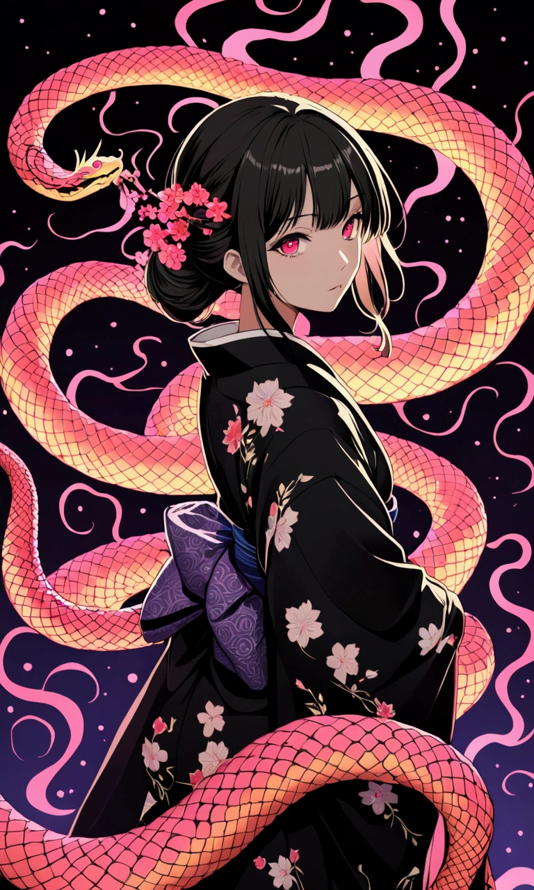 **Most beautiful anime style, super top quality, super detailed anime illustration, super masterpiece, 4K, Beautiful Japanese anime illustrations ,A beautiful girl who personifies the eight-forked serpent, focus on her eyes, long, black-purple, and with hair that sways as supple as a serpent's. Her eyes shine with eight different colors. Her back and neck are painted with small serpentine patterns, giving the illusion of eight writhing heads. Her costume is an old-fashioned Japanese kimono, black and red, and she wears a luxuriously embroidered furisode kimono. She exudes a dark aura. Black light effects. Streaks of black light. An intensely glowing illustration.Masterpiece, top quality, 8k, super detailed,anime portrait --ar 3:4