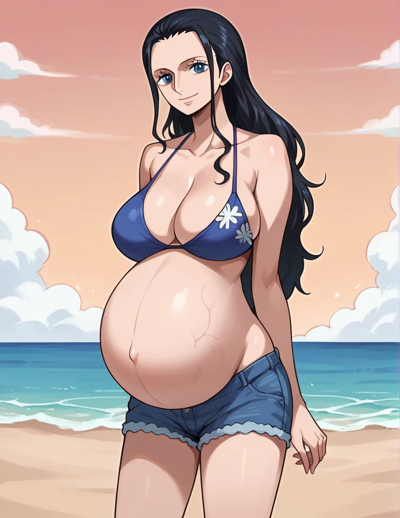 score_9, score_8_up, score_7_up, source_anime, best quality, clear face, 1girl, Nico Robin, black hair, long hair, blue eyes, large breasts, bikini, shorts, cleavage, smile, looking at viewer, sky, standing, pregnant belly, huge belly, belly