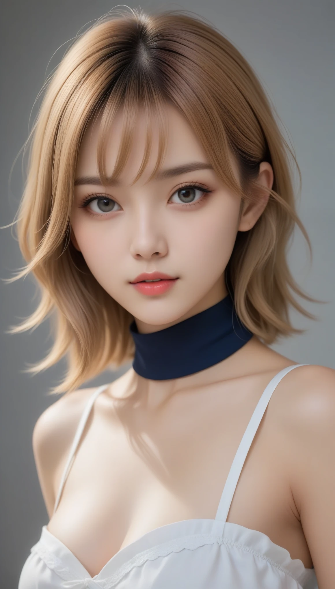 8k, Ultra-high resolution, Highest quality, masterpiece, 三分割法によるphotograph,Surreal, photograph, 1 Girl, (:1.3), pretty girl, Cute Face, 細部までBeautiful Eyes, 細かくdetailedに,masterpiece,One Girl:1.2,Japanese female announcer,cowboy shot,light smile,Blonde hair,Bowl cut,Sailor, (Short-sleeved sailor uniform, Navy blue mini skirt),(Perfect female body:1.4)、(女の子のポートレートphgraph:1.4)、(Photorealistic images:1.4),(Beautiful Face:1.4),Beautiful and attractive eyes、Beautiful Eyes、(Tight waist:1.4)、(Beautiful girl with perfect body proportions:1.4),Red lips,(choker:1.4),Looking at the audience,(((Ideal body type))),A-cup small breasts :2,、Portraiture:2、Perfect Anatomy、鮮明なdetailed、detailed,Fashion magazine cover,Thin lips,Gray background ,完璧でBeautiful Face ,完璧でCute Face, Skin with attention to detail, Perfect limbs、Narrow waist,Looking at the audience,(((Ideal body type))),A cup small breasts :2,Portraiture:2,Perfect Anatomy,鮮明なdetailed,detailed,Surreal,Light and shadow,glowing