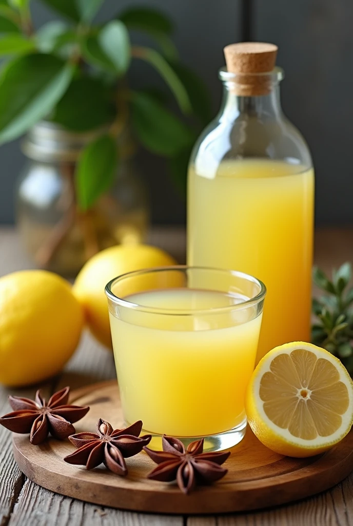 a table with a cup of lemon juice 1 liter of water.
4 star anise. 10 eucalyptus leaves.
Thyme branches. or drink a bottle of ginger juice.
1 cup honey.
and a jar with flavorless gelatin.