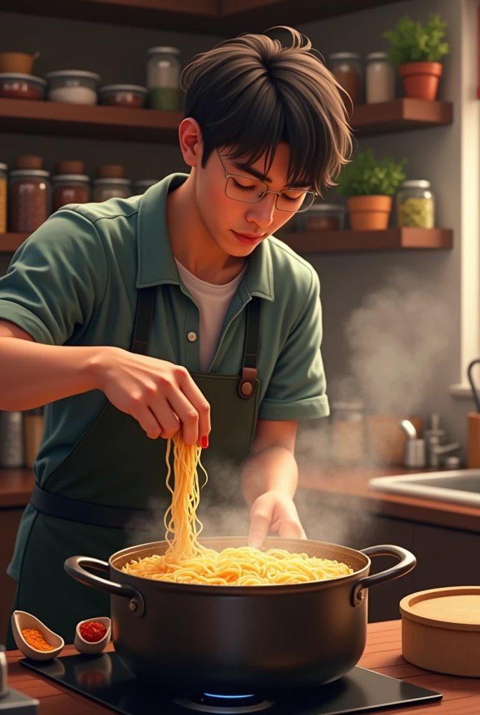 A guy putting a flavor inside a boiling pot of noodle
