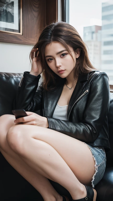 best quality, high quality, ultra quality, 8k, masterpiece, detailed, extremely detailed, insanely detailed, ultra detailed, ultra highres ,exquisite,
lifelike Images,cinematic experience,UHD picture,Realistic,photorealistic,hyperrealistic,vivid,RAW photo,shot by DSLR, One girl, (black leather jacket:1.3), white tank top, black leather pants, cyberpunk city