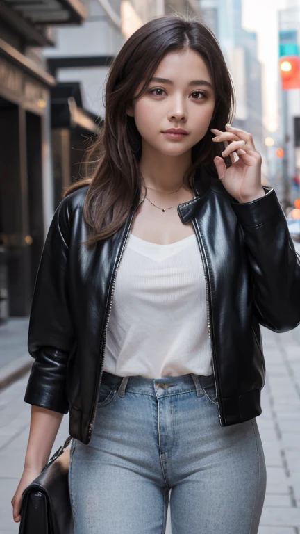 best quality, high quality, ultra quality, 8k, masterpiece, detailed, extremely detailed, insanely detailed, ultra detailed, ultra highres ,exquisite,
lifelike Images,cinematic experience,UHD picture,Realistic,photorealistic,hyperrealistic,vivid,RAW photo,shot by DSLR, One girl, (black leather jacket:1.3), white tank top, black leather pants, cyberpunk city