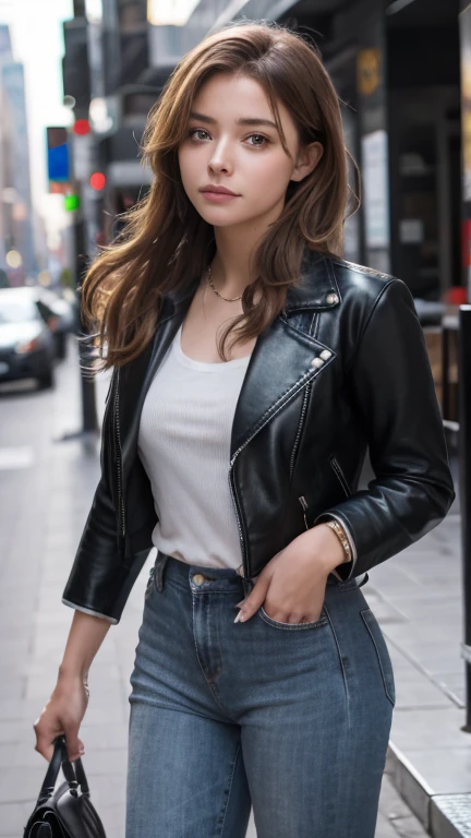 best quality, high quality, ultra quality, 8k, masterpiece, detailed, extremely detailed, insanely detailed, ultra detailed, ultra highres ,exquisite,
lifelike Images,cinematic experience,UHD picture,Realistic,photorealistic,hyperrealistic,vivid,RAW photo,shot by DSLR, One girl, (black leather jacket:1.3), white tank top, black leather pants, cyberpunk city