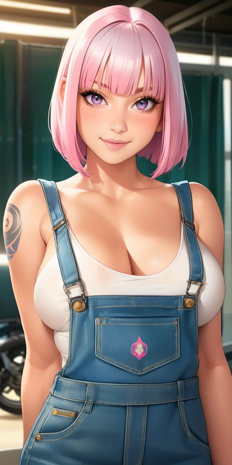 (best quality, ultra-detailed, photorealistic: 1.39), bright and vibrant colors, studio lighting, romantic expression, Beautiful medium firm breasts, busty beautiful ((1 beautiful women, silver eyes)), (( bob pink fluorescent pink  hair with bangs))extremely sexy body, (denim overalls, tattoos on arm, woman mechanic, with white tank top, neckline)), ((cosplay)), naughty smile, blush, (looking at viewer), in the oficina