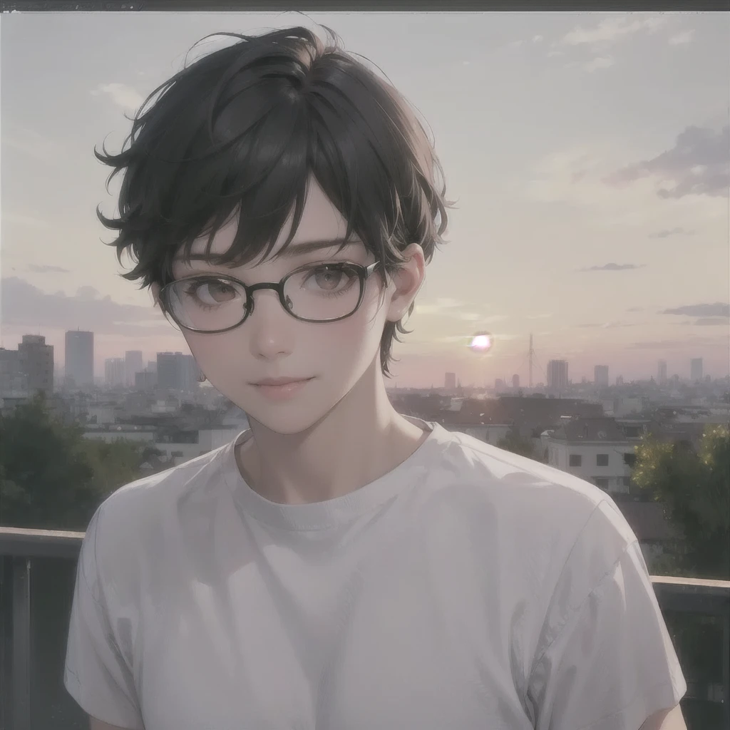 (Absurd, High resolution, Super detailed, Realistic, ), One androgynous woman,mature, alone, Short black hair, White T-shirt,Brown eyes, (Glasses),Gazing at the sky, Sunset sky background, Super detailed, Highest quality, Detail view, Vectorized, 8k, graphic design, Vector line, Full HD,Smile