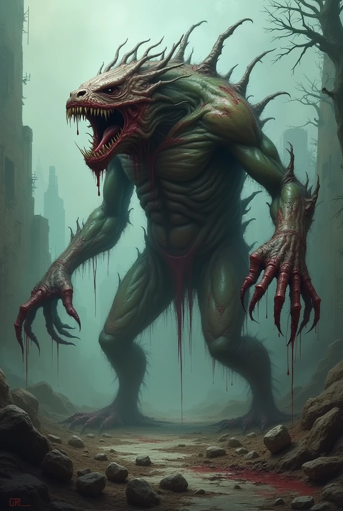 Create a monster with gore and blood and with an aberrational body