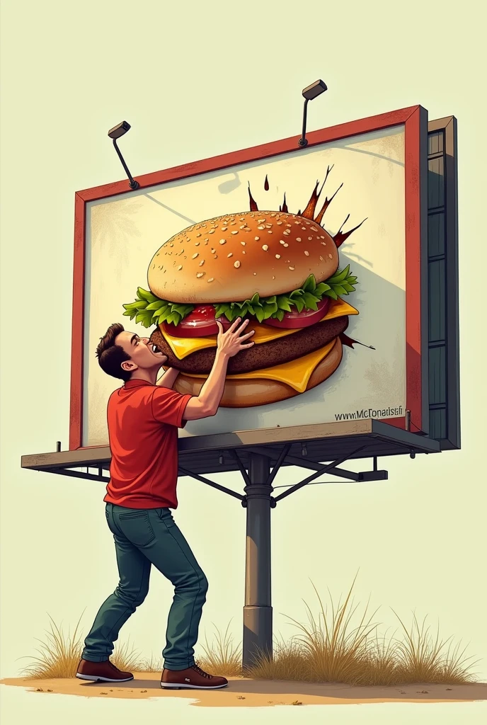 It is a McDonald's billboard where a man is seen eating the billboard to reach the hamburger in the center., You can generate it and add more detail
