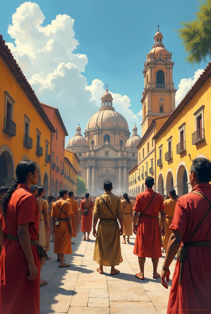 A group of indigenous people and Spaniards in the Plaza de Armas, animated to draw easy