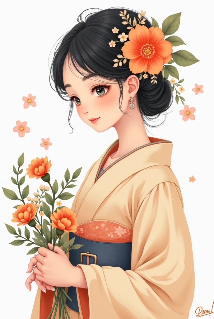 A painting，Woman holding flowers in the painting, Number of steps, Winner of the Behance competition, The Art of Mathematics, A beautiful artistic illustration, Flower-faced girl, Girl with a wreath, Lovely art style, Beautiful digital illustrations, Girl wearing Hanfu, cute detailed The Art of Mathematics, Color illustrations，Clean white background