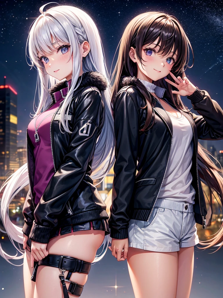 best quality，，smile，blazer，swimsuit，School，Collective of girls，Multiple girls，Track jacket，Physical education class，JK，Sexy and cute，future，Wearing a fastener bra，zipper bra，Long Hair，She has her bangs down，Purple Eyes，evolution系ファッション，Cuteness at its finest，Sparkling，Leather shorts，beautiful，middle School girlultiple girls are depicted,harem，idol group，infinite possibilities，leather jacket，fur jacket，Hair tucked behind ear，futureの服装，evolution，starry sky background，photo shoot，long hair，wearing a cardigan，beautiful girlの国，girl&#39;s paradise，highest quality，big breasts，leather jacket，happy girl,horny girl，Blue eyes，perfect face，standing position，She has her bangs down，fur jacket,Beautiful eyes，smooth hair，perfect eyes，beautiful girl，Angel Girl，multicolored hair colors，naughty girl，beautiful，High-dimensional beautiful girl，Multidimensional beautiful girl，gathering，Group、，