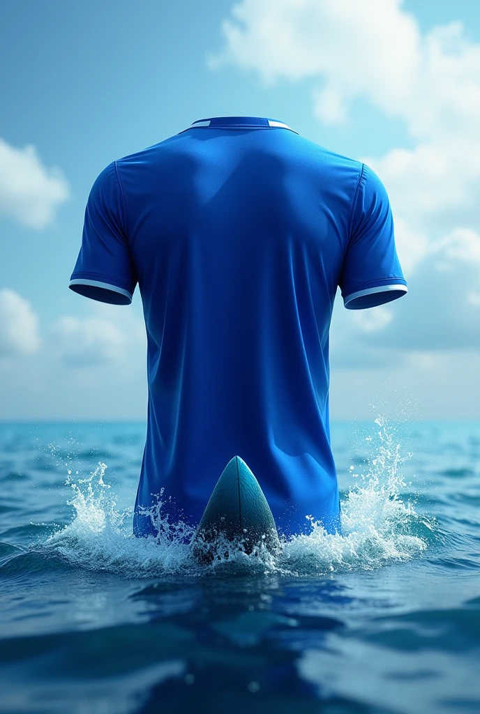 I want to create a royal blue soccer shirt with light blue shading with an ocean below and a shark fin at the bottom