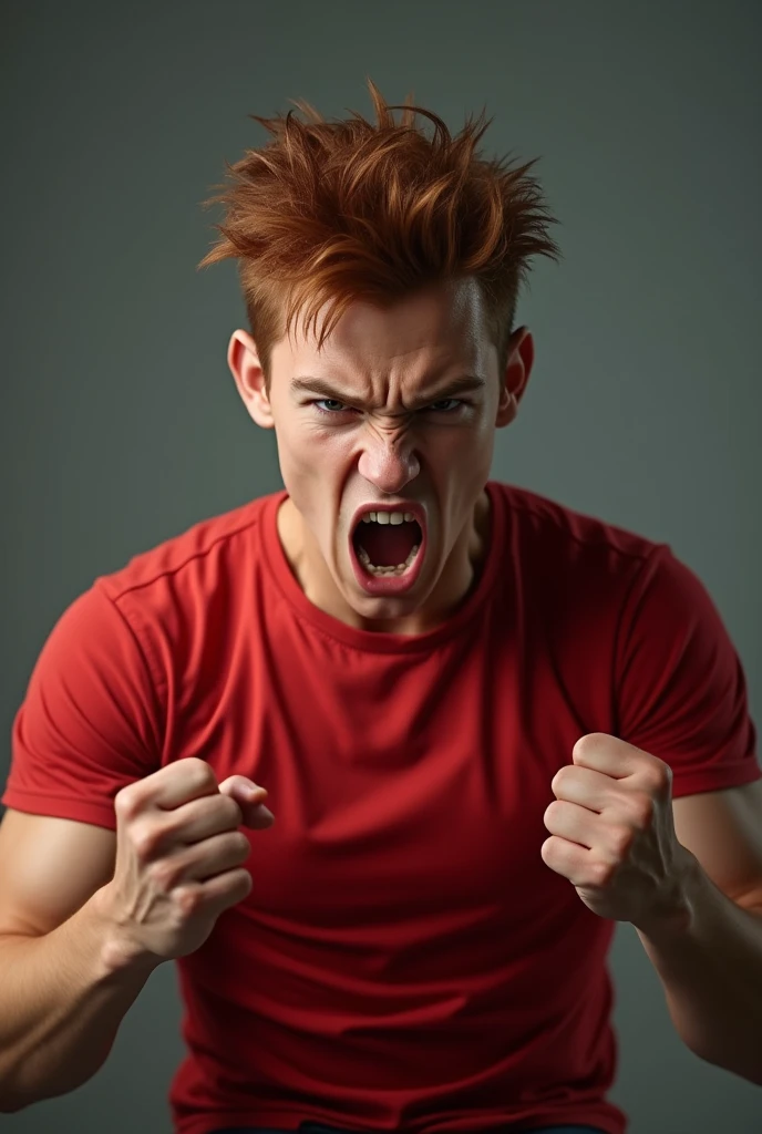 CREATE A Young MAN WITH RED T SHIRT and angry face
