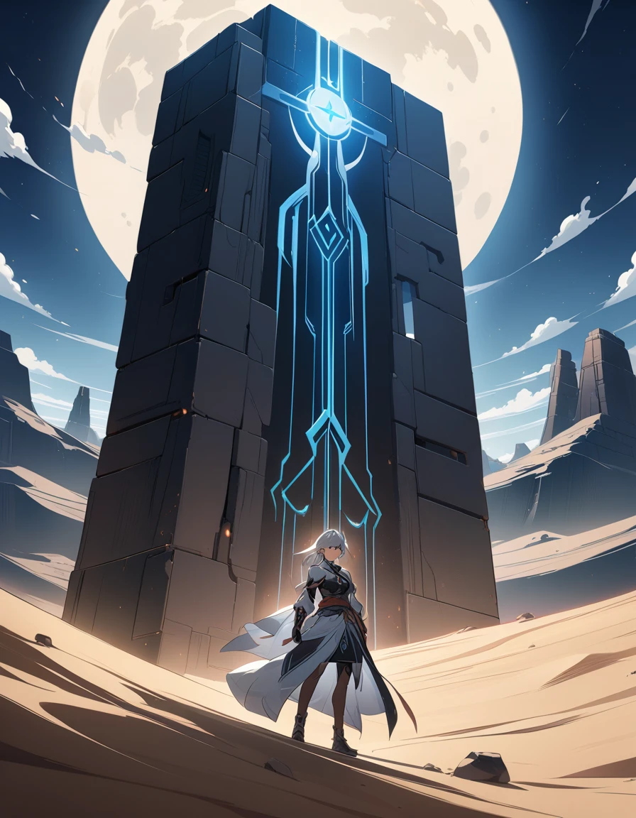 Long desert, clear sky, Scenario, moonligh, stele, high qualiy, anime styling