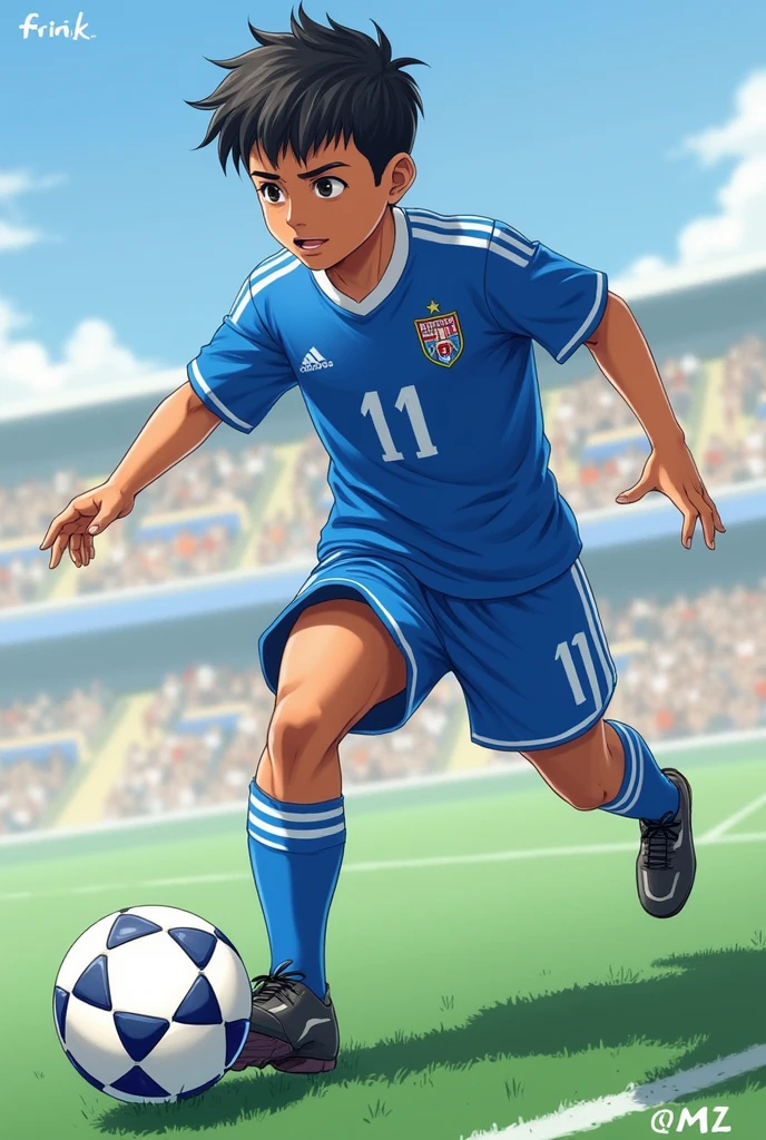 Soccer Boys。15 years old。Handsome。Sweaty。Dark skin。Blue uniform。Japanese。