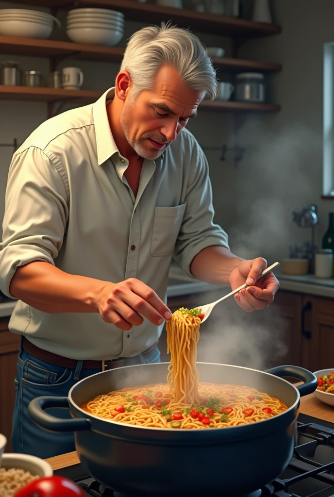 A guy putting a  topping inside a boiling pot of noodle