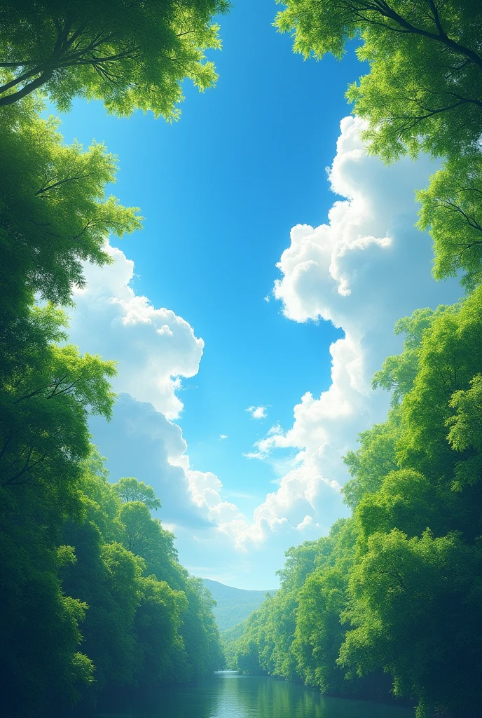 The blue sky is full of white clouds, and the green trees below form an endless forest canopy. The sunlight shines through the leaves onto people's faces, creating a warm atmosphere in summer. This scene creates a dreamy feeling that makes one feel as if they have floated with nature.