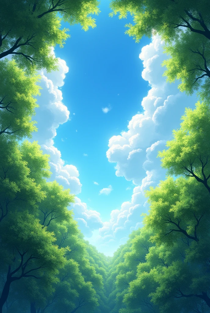 The blue sky is full of white clouds, and the green trees below form an endless forest canopy. The sunlight shines through the leaves onto people's faces, creating a warm atmosphere in summer. This scene creates a dreamy feeling that makes one feel as if they have floated with nature.