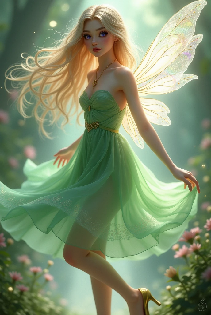 Girl with long sandy hair, violet eyes, white skin wearing a green dress made of light, almost transparent fabrics, green heels with straps that go up the legs and transparent white fairy wings with transparent rainbow details