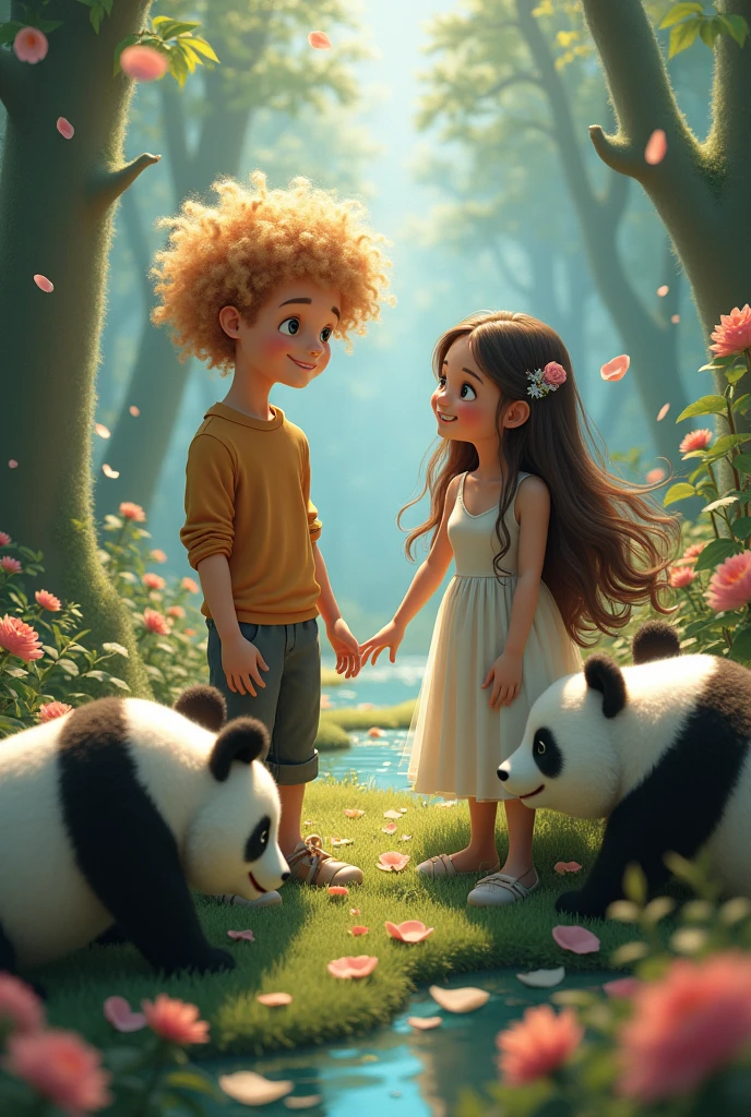 Curly blond man and panda , brunette woman with long hair and Panda

