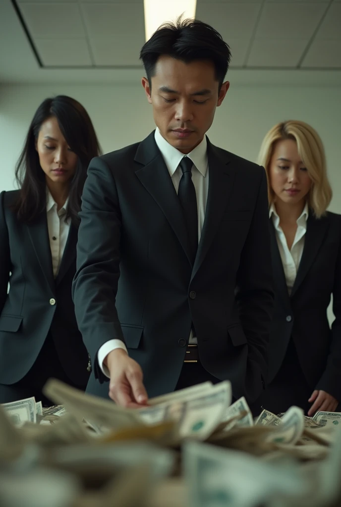 A man with short black hair and a black suit followed by a woman with black hair and a black suit as well as another woman with blonde hair and a black suit, They are in a room counting hundreds of bills scattered everywhere