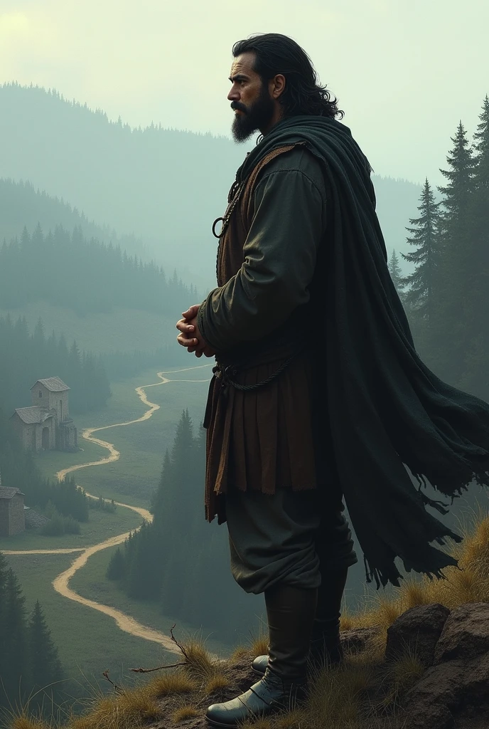 black-haired man from ancient medieval times looking at the horizon and contemplating