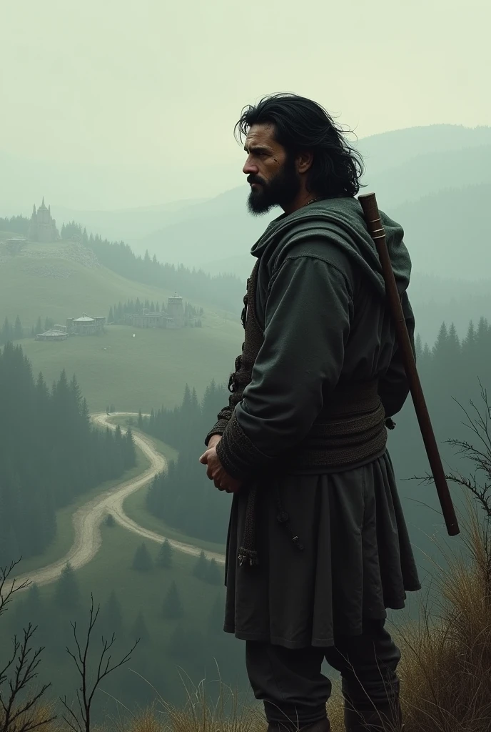 black-haired man from ancient medieval times looking at the horizon and contemplating