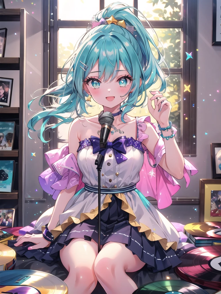 ((8k, Highest quality, masterpiece: 1.3)),Ultra-high resolution,(1 girl, alone), (Color changing eyes, Ultra-detailed, Expressive brilliance, Glitter, Glowing Eyes), Highly detailed eyes, Highly detailed face, Random Hair, ((pastel colour)),A cheerful young woman with pastel teal hair styled into a high ponytail, sitting on her bed, surrounded by scattered cosplay accessories. It’s mid-morning, and the room is filled with bright, natural light coming through the window. She is dressed in a retro idol cosplay, wearing a colorful, glittery dress with a short pleated skirt, matching wristbands, and a star-shaped hairclip. The camera captures her from a slightly elevated angle as she practices her dance moves while sitting, her face beaming with excitement. Her room is filled with posters of famous idols, a microphone stand in the corner, and a shelf lined with CDs and vinyl records, reflecting her love for music and performance,(nsfw:1.2)