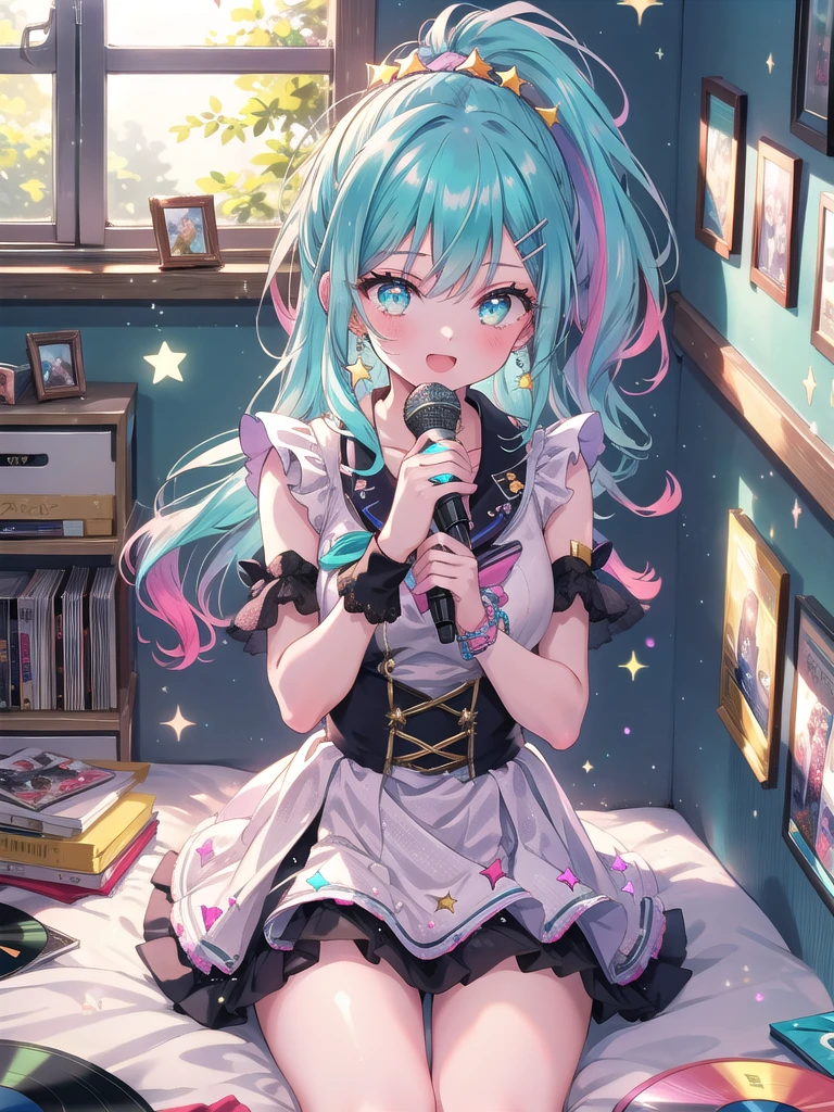 ((8k, Highest quality, masterpiece: 1.3)),Ultra-high resolution,(1 girl, alone), (Color changing eyes, Ultra-detailed, Expressive brilliance, Glitter, Glowing Eyes), Highly detailed eyes, Highly detailed face, Random Hair, ((pastel colour)),A cheerful young woman with pastel teal hair styled into a high ponytail, sitting on her bed, surrounded by scattered cosplay accessories. It’s mid-morning, and the room is filled with bright, natural light coming through the window. She is dressed in a retro idol cosplay, wearing a colorful, glittery dress with a short pleated skirt, matching wristbands, and a star-shaped hairclip. The camera captures her from a slightly elevated angle as she practices her dance moves while sitting, her face beaming with excitement. Her room is filled with posters of famous idols, a microphone stand in the corner, and a shelf lined with CDs and vinyl records, reflecting her love for music and performance,(nsfw:1.2)