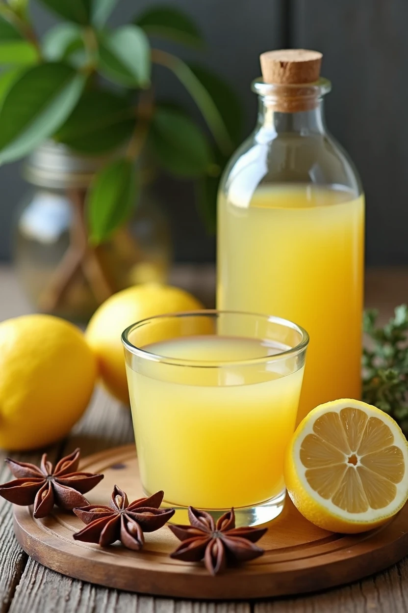 a table with a cup of lemon juice 1 liter of water.
4 star anise. 10 eucalyptus leaves.
Thyme branches. or drink a bottle of ginger juice.
1 cup honey.
and a jar with flavorless gelatin.