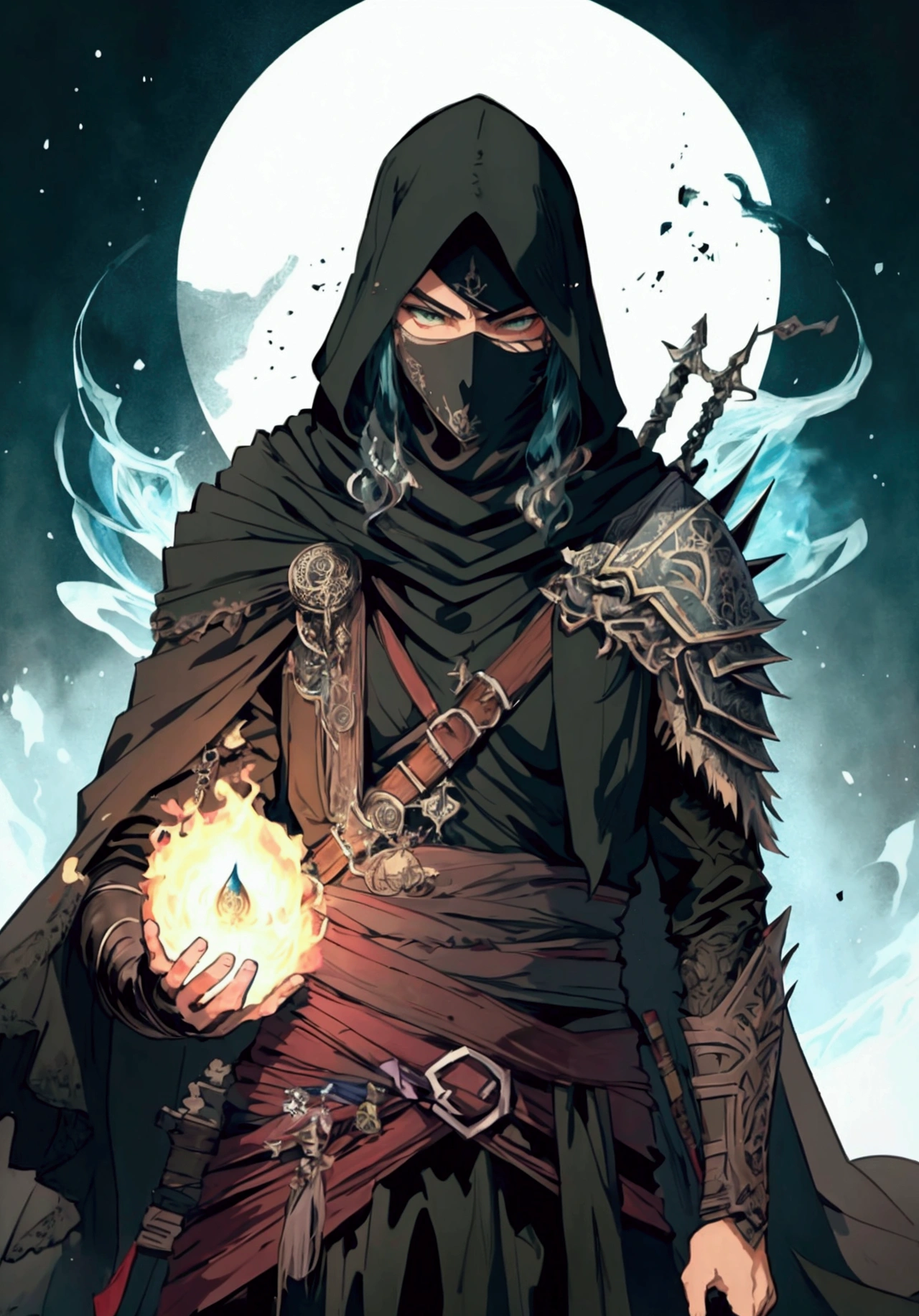 (Masterpiece), ((Highest Quality)),(Official Art),dark epic:1.2),(1 solo anime man: 1.3). A Middle-Eastern assassin man with spiky black hair, green eyes, tan skin, and face covered by scarf. He wears a white assassin robe, standing inside a dark temple surrounded by fire background. Detailed picture. Detailed eyes. Masculine jaw. Soft fairytale picture Arthur Rackham-style. Colorful, best detailed ((super detailed)), (highly detailed 2D anime man illustration), ((dark and beautiful))