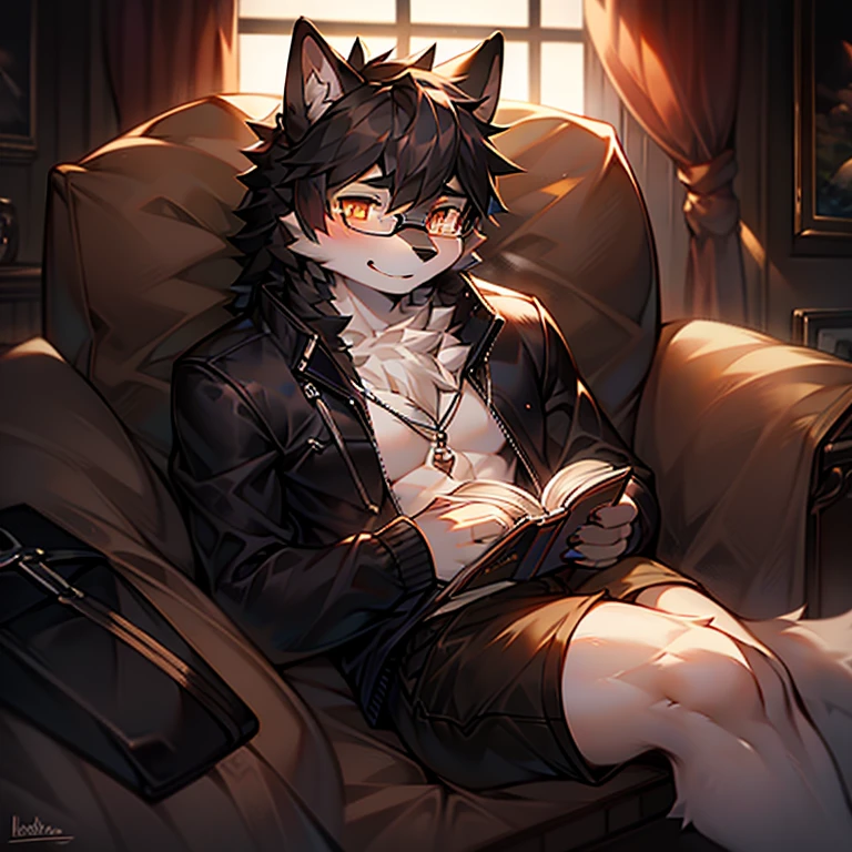 single, furry boy, (High quality), 4k, upscale, white black furry face, thick black hair, 19 year old male, nice body, (masterpiece), orange eyes, glasses, plain clothes, shorts, bedroom background, reading while lying in bed.