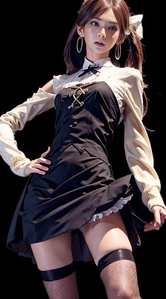 ((Anatomically correct))、（8k， RAW Photos， best qualtiy， tmasterpiece：1.2），（realisticlying， photos realistic：1.4)、((Skirt lifted))、((Panty shot))、((Large mesh fishnet stockings))、Platinum Jewelry、Bun twin tail、Big ribbon in hair、 (High resolution)、(Masterpiece、Highest quality)、Hollywood movie lighting、Camera angle from below、Professional portrait、
Lolita Costume Costume，Lace， aerith gainsborough， The upper part of the body， undergarment，exposed bare shoulders， takeout， Old castle， hightquality， adobe lightroom， highdetailskin， looking at viewert，Big earrings、cheek、Two slits in the skirt、