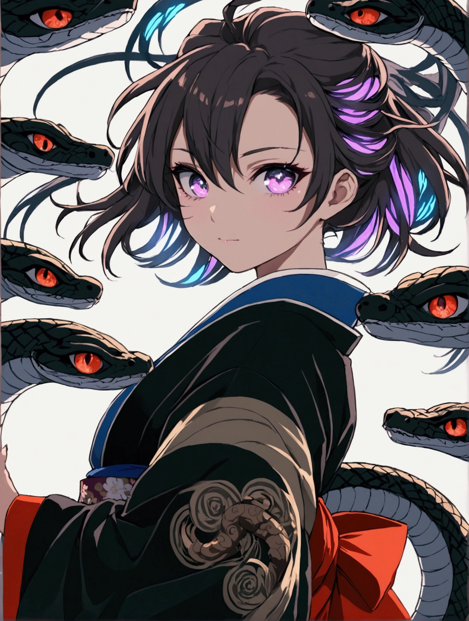 **Most beautiful anime style, super top quality, super detailed anime illustration, super masterpiece, 4K, Beautiful Japanese anime illustrations ,A beautiful girl who personifies the eight-forked serpent, focus on her eyes, long, black-purple, and with hair that sways as supple as a serpent's. Her eyes shine with eight different colors. Her back and neck are painted with small serpentine patterns, giving the illusion of eight writhing heads. Her costume is an old-fashioned Japanese kimono, black and red, and she wears a luxuriously embroidered furisode kimono. She exudes a dark aura. Black light effects. Streaks of black light. An intensely glowing illustration.Masterpiece, top quality, 8k, super detailed,anime portrait