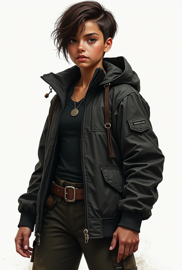 Create me a illustration of girl with a brown hair and boy cut. She is 5.8 feet. She is half American and half indian. She wears a black jacket and black pant make her look like warrior make it realstic