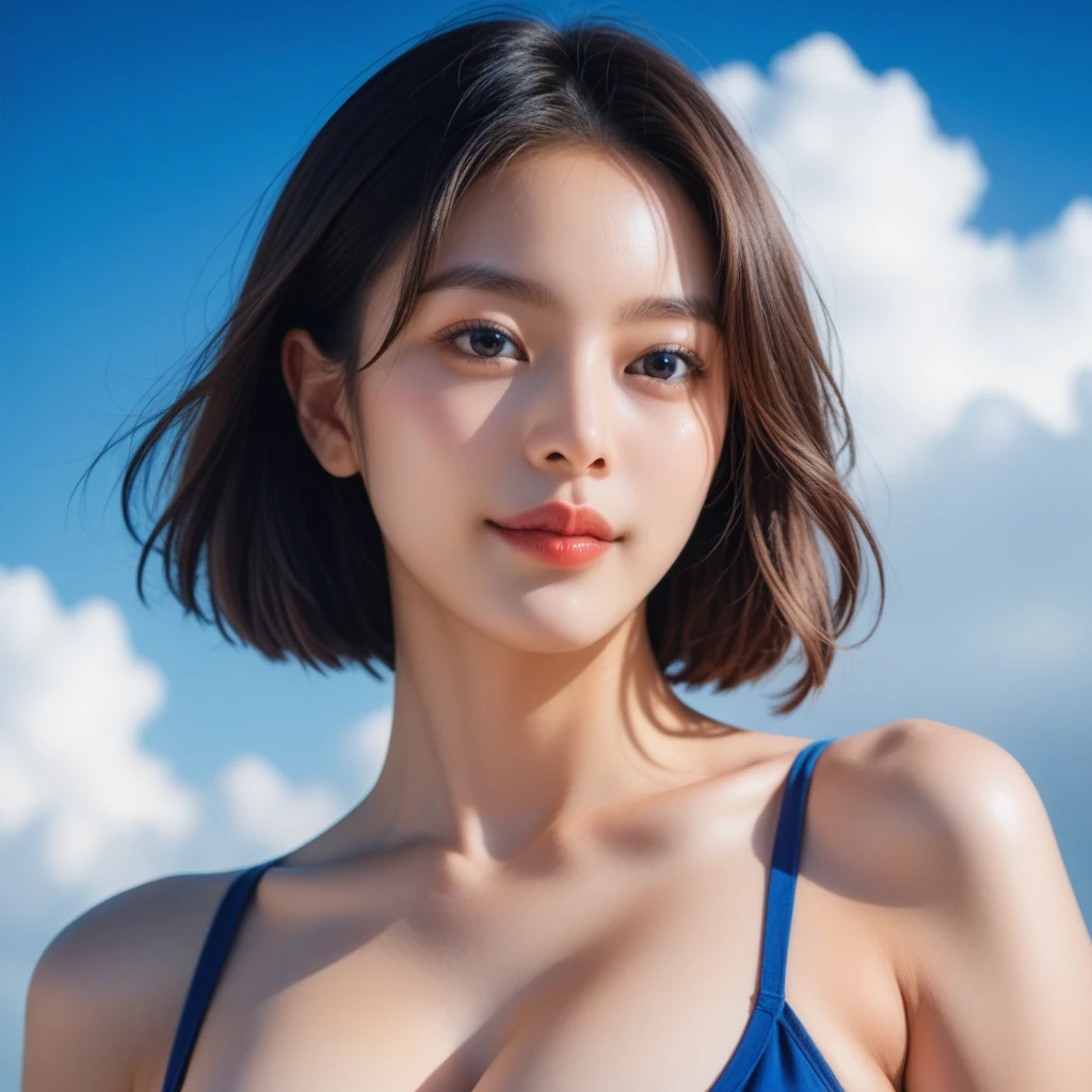 score_9, score_8_superior, score_7_superior, Highest quality, masterpiece, Realistic, realism, Film Grain, Photo credit：fuji-proplus-ii film, bust, Off-the-shoulder photo of a 20-year-old woman, close superior portrait, Deep blue sky, Cloudy, Outdoor, High Key Light, Soft Shadows, Dark Theme,Fair skin,Beautiful big breasts,tall,Half Japanese and half Russian,Must be created by only one woman