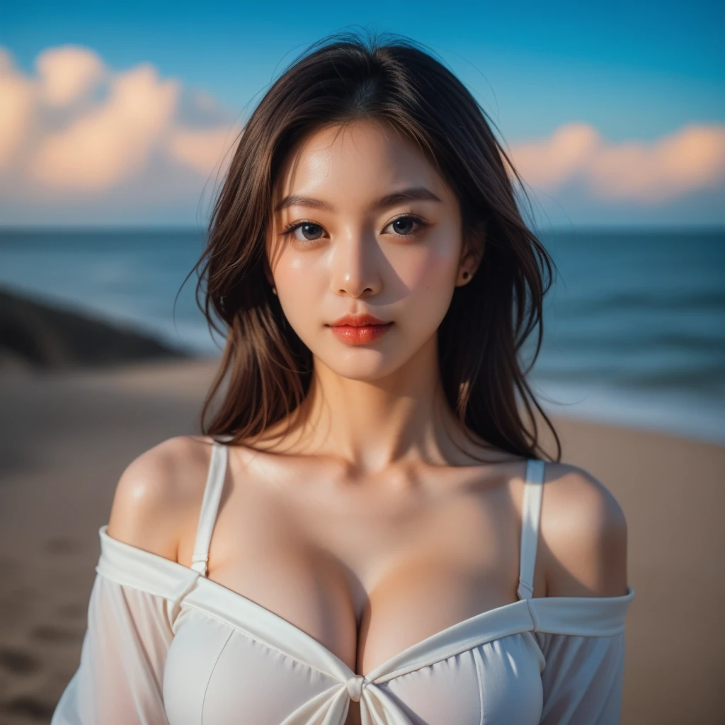 score_9, score_8_superior, score_7_superior, Highest quality, masterpiece, Realistic, realism, Film Grain, Photo credit:fuji-proplus-ii film, bust, Off-the-shoulder photo of a 20-year-old woman, close superior portrait, Deep blue sky, Cloudy, Outdoor, High Key Light, Soft Shadows, Dark Theme,Fair skin,Beautiful big breasts,tall,Half Japanese and half Russian,Must be created by only one woman