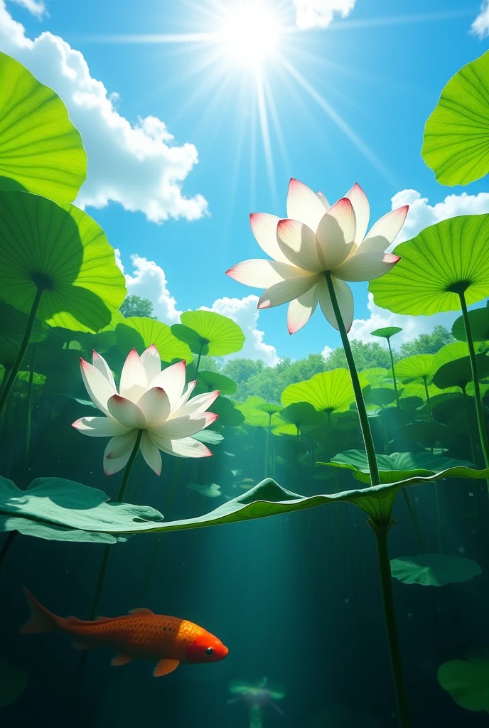 Blue sky, white clouds and sunlight shining on the lotus floating in clear water under the pond. koi carp in the water. The lens capture the entire scene of underwater green plants. Bright colors highlight the vitality of lotuses swaying with wind. Underwater perspective highlights the tall plant scale. High definition resolution presents delicate details. The professional photographer's work conveys natural beauty in the style of nature.